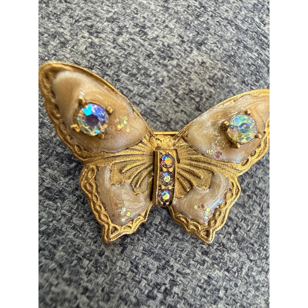 Don-Lin Vintage Butterfly Brooch Gold Tone Enamel Aurora Borealis Rhinestone Pin